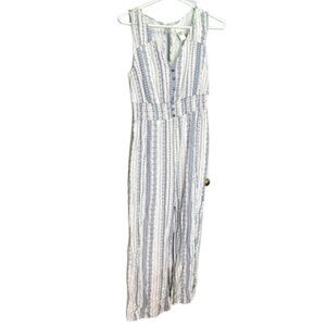 JASPRA Blue White Cinched Waist Button Front V Neck Sleeveless Jumpsuit Pantsuit